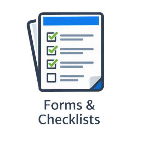 Minimalist icon of stacked forms with checkmarks and header bar, labeled ‘Forms & Checklists.’