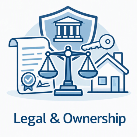 con illustrating legal and property ownership concepts — includes scales of justice, document, house, and key.